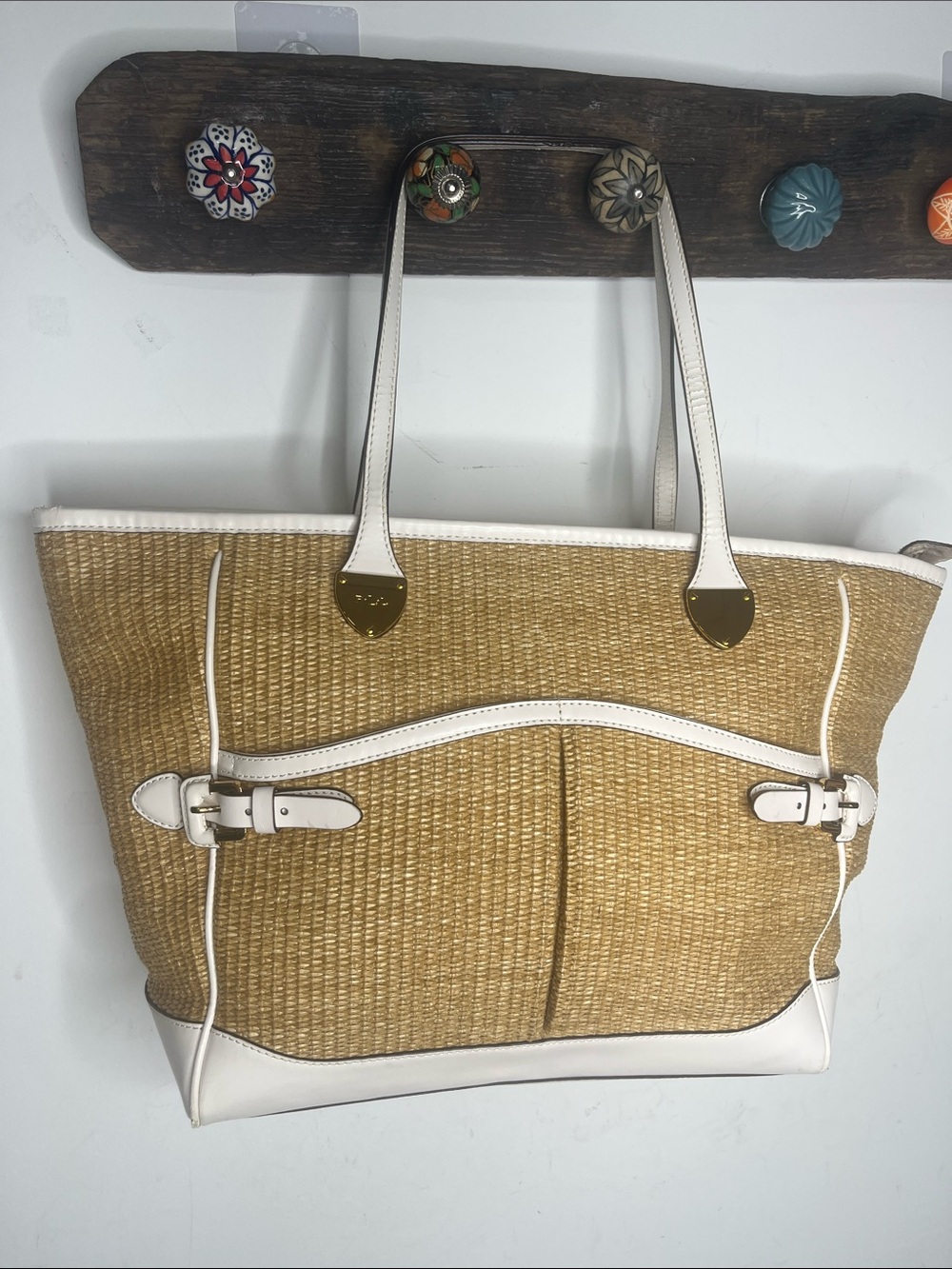 Lauren Ralph Lauren Vintage Straw & Leather Tote  white & Tan